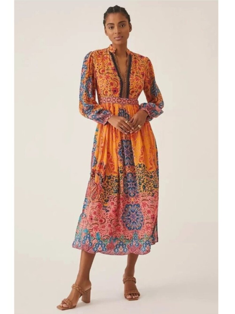 NWT Anthropologie Bhanuni by Jyoti Enchanted Echo Orange Patterned Maxi Dress 8P